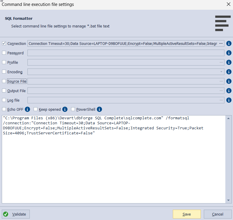 sql formatter generate command