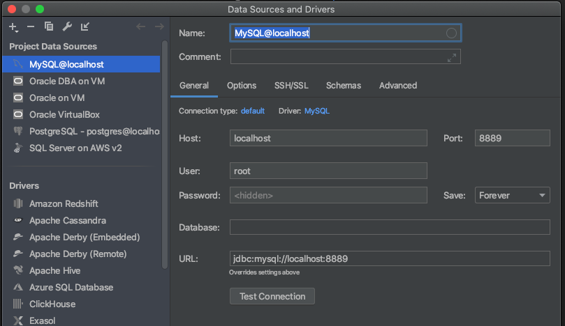 JetBrains DataGrip MySQL localhost connection