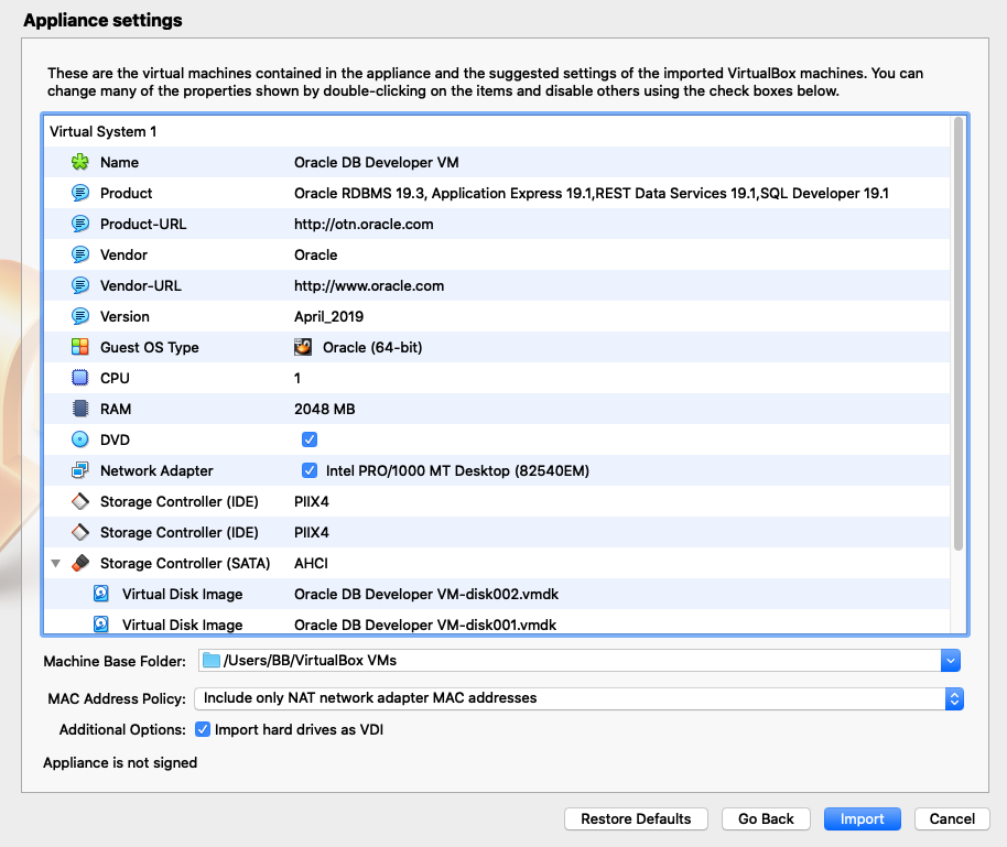 VirtualBox Appliance Settings