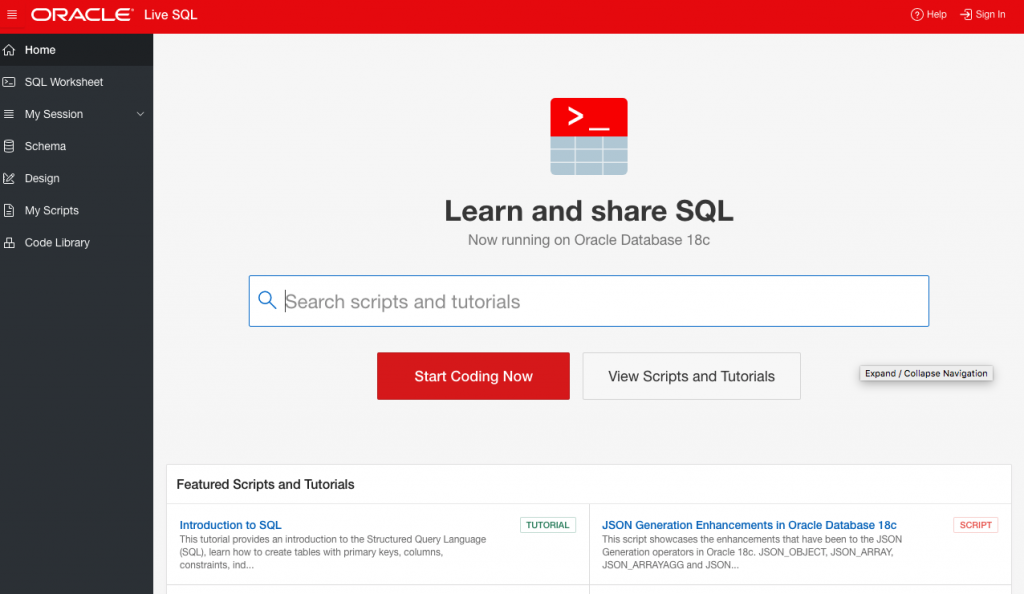 Oracle Live SQL Main Page