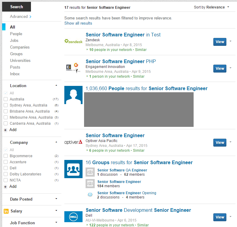 LinkedIn search results