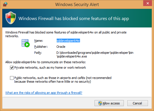 SQL Developer windows security alert