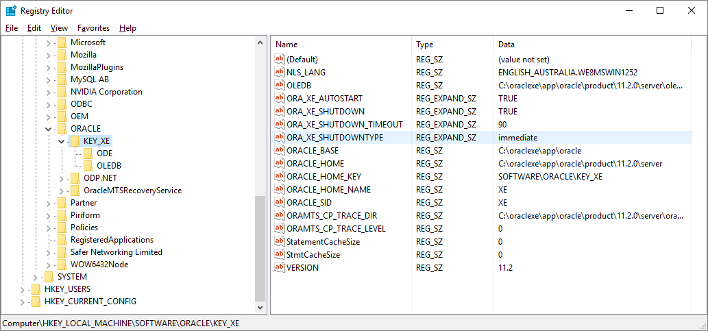 Regedit hkey software oracle key_xe