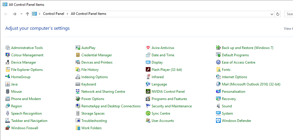 Windows 10 Control Panel