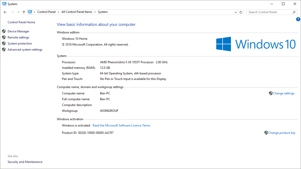 Windows 10 system settings