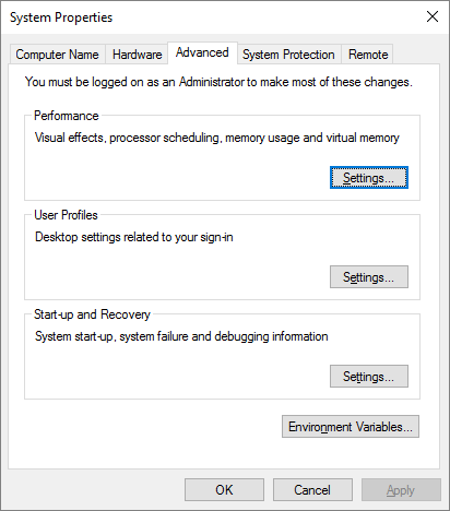 Windows 10 system properties